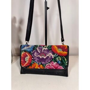 Hiptipico Huipil Floral Leather Crossbody Clutch Bag Black Multi Colorful Boho